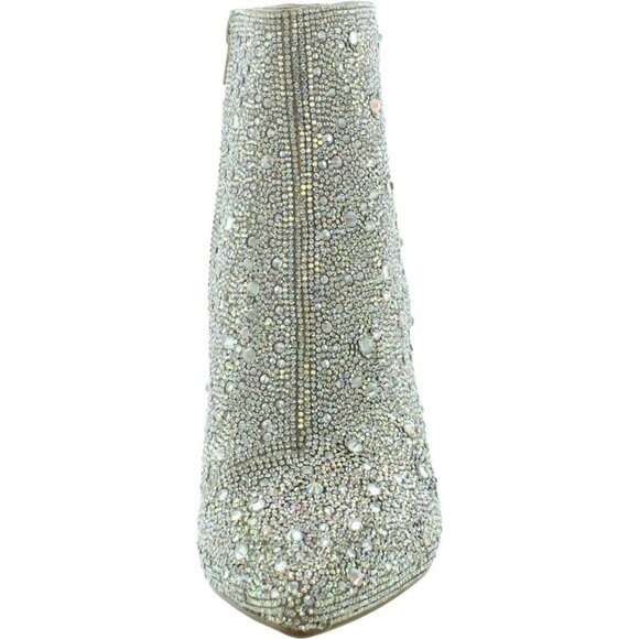 Women's Silver Rhinestone Embellishments Side Zipper Ankle Block Heel Boot - Picture 5 of 5
